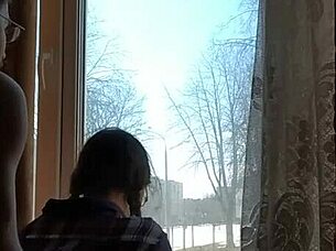 Helga Bosk has risky sex by the window with people walking by