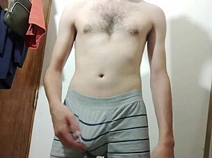 Young girl feels cute in bathroom solo with big cock