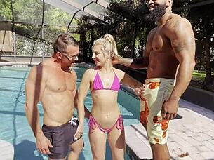Petite Slut Cheerleader Kait Gets Slutted Out By Pool Interracial Threesome!