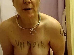 Slut chained for bdsm humiliation and dirty talk in public