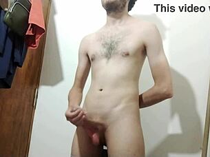 Young girl feels cute in bathroom solo with big cock