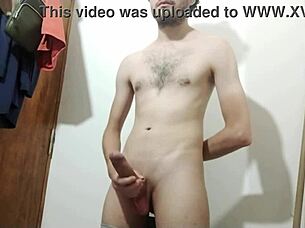 Young girl feels cute in bathroom solo with big cock