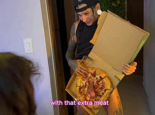 neighbor brings pizza, leads to hot threesome with leyne