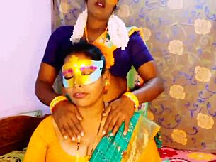 Aunty and daughter-in-law share lesbian romance with dirty talks in sarees.
