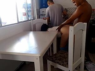 Horny Wife Fucks Well-Endowed Black Guy While Cuckold Washes Dishes!