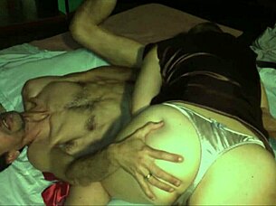 in this sexy scene, a clothed white milf bends over in silky panties for a deep blowjob and intense fucking