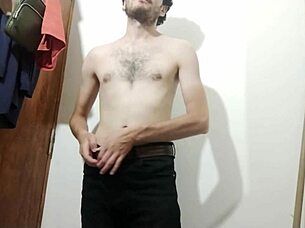 Young girl feels cute in bathroom solo with big cock