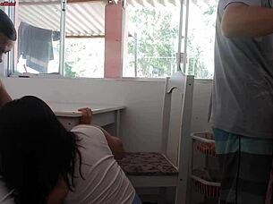 Morning Coffee At Cuckold's House: Friend Fucks Wife While Husband Washes Dishes