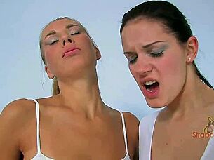 european group in leggings and pantyhose cosplay for a 2017 threesome video