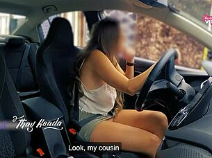 Naughty milf teases rug salesman with no panties and no bra outdoors!