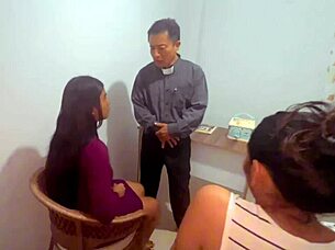 Busty British lesbians with saggy tits and gaping pussies beg priest for purification with monster cock