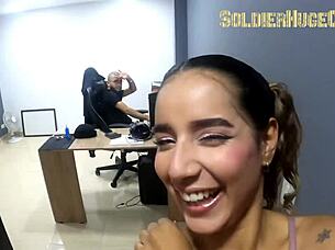 Gaby jimenez deepthroats a soldier's huge cock and swallows