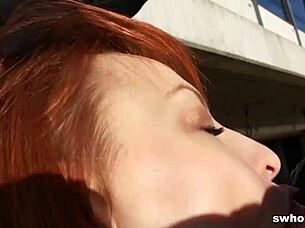 amateur redhead enjoys outdoor street activities with friends