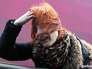 amateur redhead enjoys outdoor street activities with friends