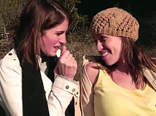 Outdoor Picnic Turns Into Lesbian Strapon Sex For Two Brunette Friends With Kissing And Riding