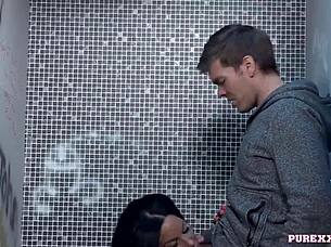 hot milf sucks cock in the bathroom toilet