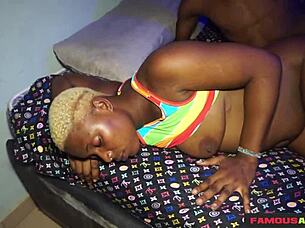 The fat ebony wife gets her wet pussy fingered by her young roommate in a close-up view