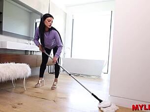 Stepson helps mom with cleaning while she relaxes