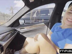 Horny blonde feels pleasure in the mall