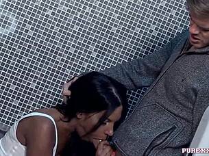 hot milf sucks cock in the bathroom toilet