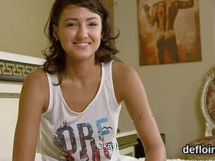 Lovesome girl opens up juicy pussy and loses virginity