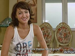 Lovesome girl opens up juicy pussy and loses virginity