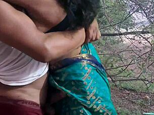 Desi hot Santhali bhabhi gets outdoor fucking with muscular bodybuilder, her big clit and hairy pussy exposed.