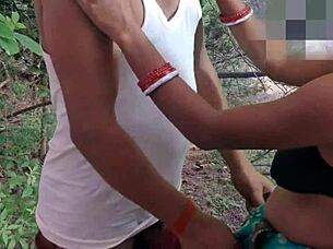 Desi hot Santhali bhabhi gets outdoor fucking with muscular bodybuilder, her big clit and hairy pussy exposed.