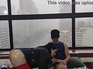 Kitty with big ass fucks boldly in window for public view