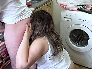 stepmom was cooking breakfast when stepson surprised her from behind