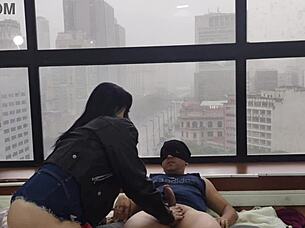 Kitty with big ass fucks boldly in window for public view