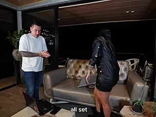 Tattoo artist tastes client's huge cock then rides it cowgirl