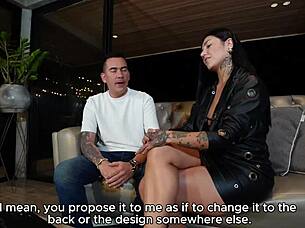 Tattoo artist tastes client's huge cock then rides it cowgirl