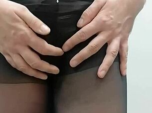 Crossdressing Sissy Wears Pantyhose And Leggings For Cumshot Facial