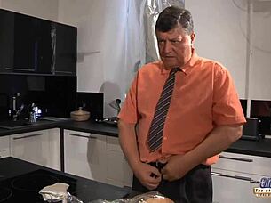 SEXY TEEN GIVES BEST BLOWJOB TO GRANDPA, RIDES HIS COCK, SWALLOWS CUM