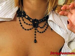 busty solo domina dildoing her pussy in bondage