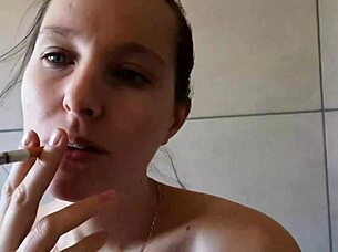 Cute Babe Smoking in Bathroom