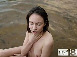 skinny teen girl with small tits masturbates outdoors