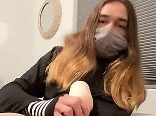 transgirl fucks fleshlight in full solo video with crossdressing