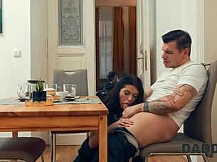 Daddy4K Brunette Cheats on Boyfriend with Small Tits and Hairless Pussy