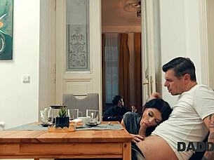 Daddy4K Brunette Cheats on Boyfriend with Small Tits and Hairless Pussy