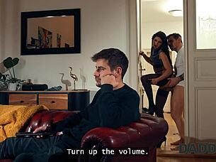 Daddy4K Brunette Cheats on Boyfriend with Small Tits and Hairless Pussy