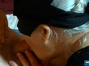 The busty granny deepthroats a small cock in pov