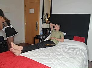 In this role play, cleaning girl in sexy outfit gives blowjob to client before fucking him in POV