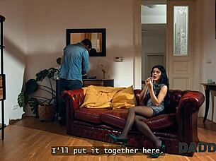 Daddy4K Brunette Cheats on Boyfriend with Small Tits and Hairless Pussy