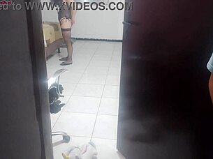 Housewife shows lingerie to technician for opinion