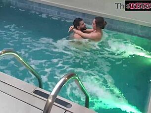 Ebony babe relaxes with monster cock in pool