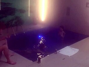 Friends engage in bareback threesome by the motel pool