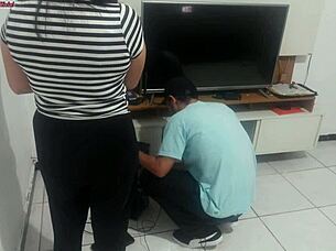 Housewife shows lingerie to technician for opinion