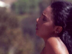 Dee massages and fucks by the pool in hot outdoor interracial scene!